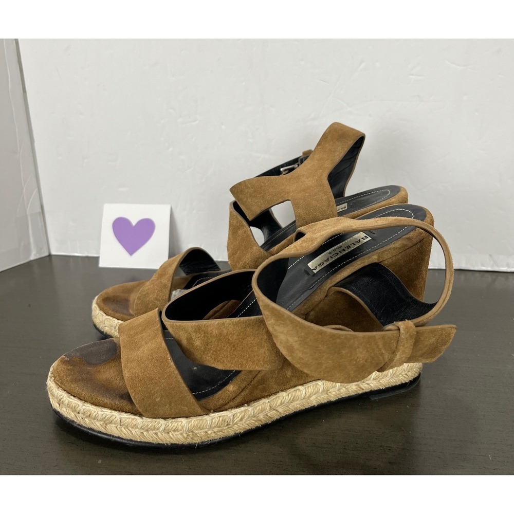 Balenciaga Suede Espadrille Wedge Sandals Tan Size 38 flawed see photo *DM‎